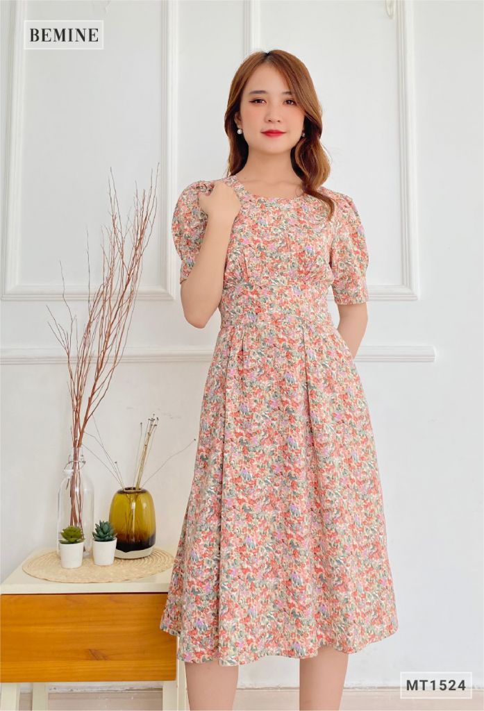 MT1524HONG - Đầm bông cổ tròn đai eo