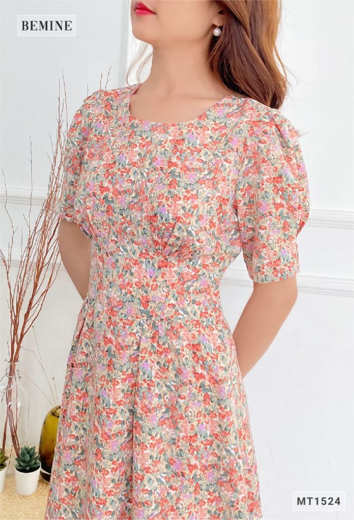 MT1524HONG - Đầm bông cổ tròn đai eo