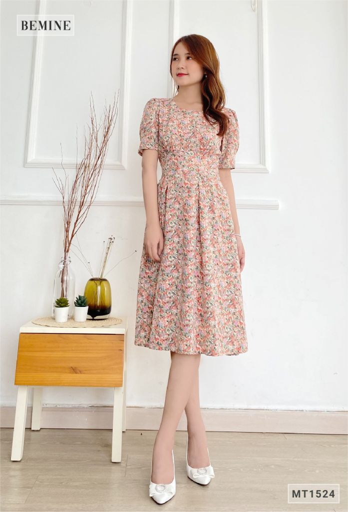 MT1524HONG - Đầm bông cổ tròn đai eo