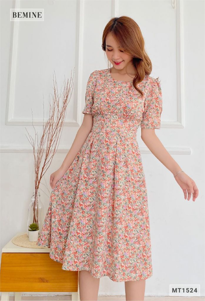 MT1524HONG - Đầm bông cổ tròn đai eo
