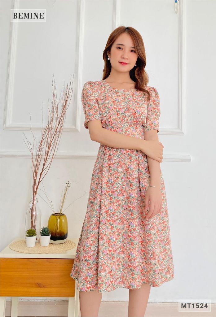 MT1524HONG - Đầm bông cổ tròn đai eo