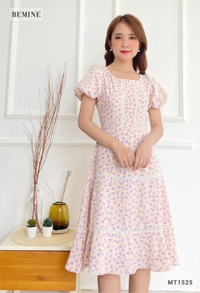 MT1525HONGKEM - Đầm hoa vai đính nơ cổ tròn