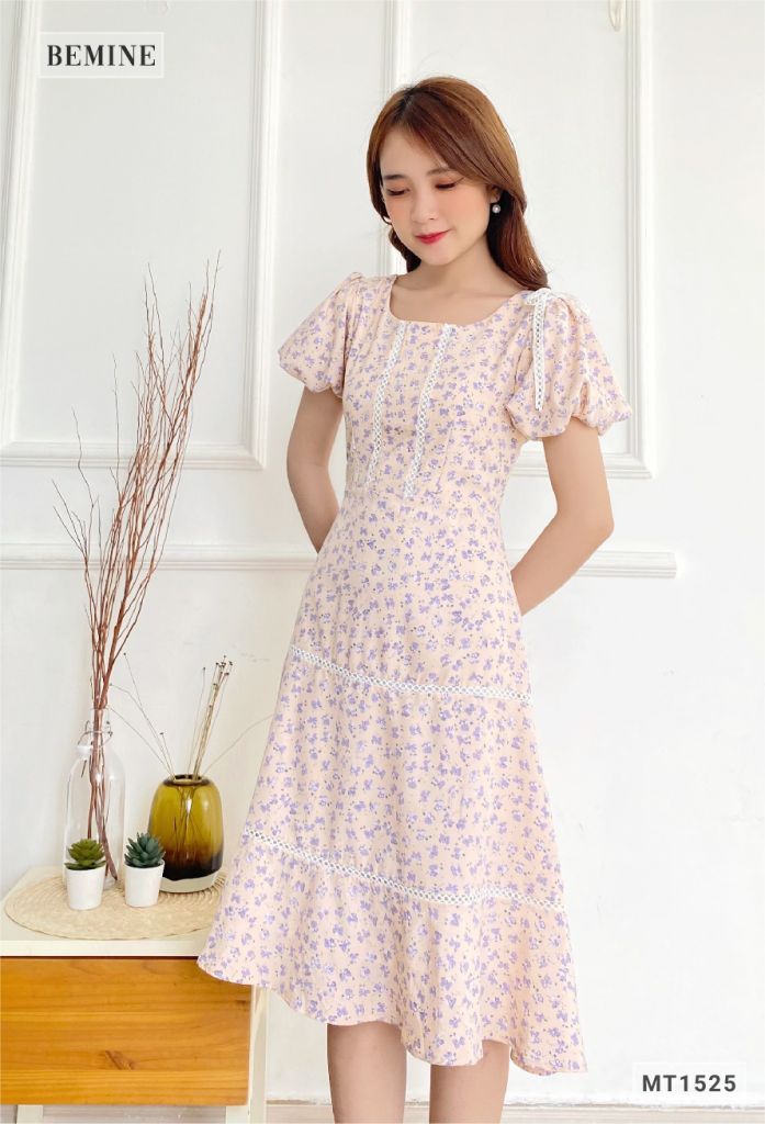MT1525HONGKEM - Đầm hoa vai đính nơ cổ tròn