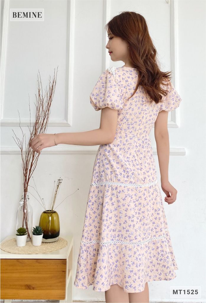 MT1525HONGKEM - Đầm hoa vai đính nơ cổ tròn