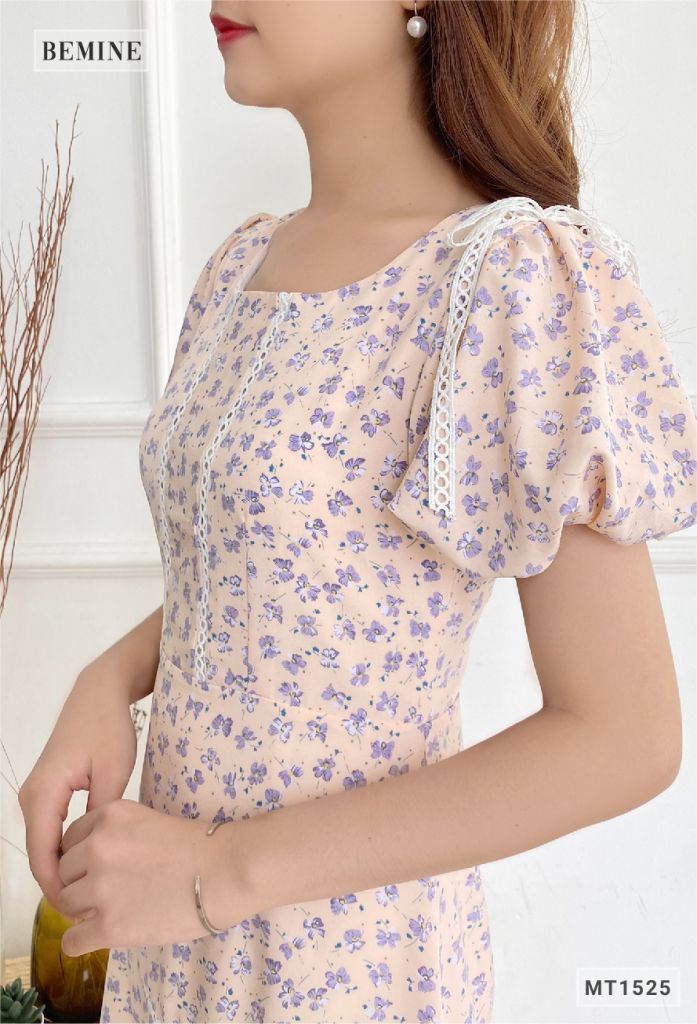 MT1525HONGKEM - Đầm hoa vai đính nơ cổ tròn