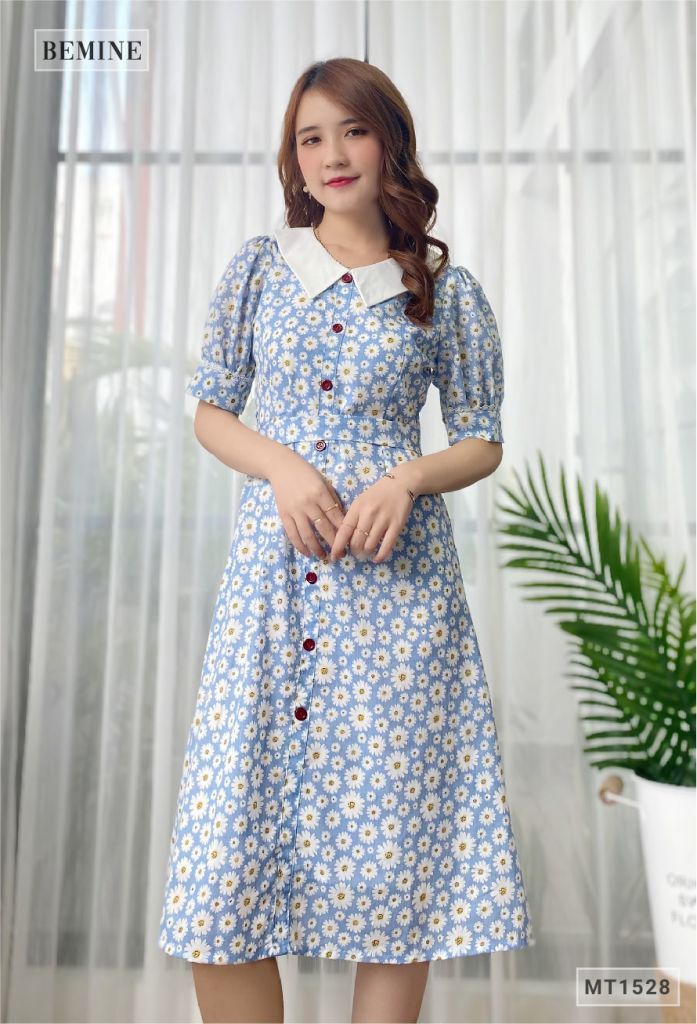 MT1528XANH - Đầm hoa cổ phối trắng nút dọc