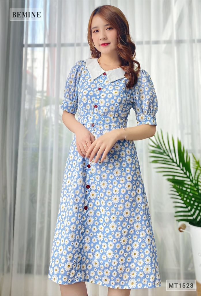 MT1528XANH - Đầm hoa cổ phối trắng nút dọc