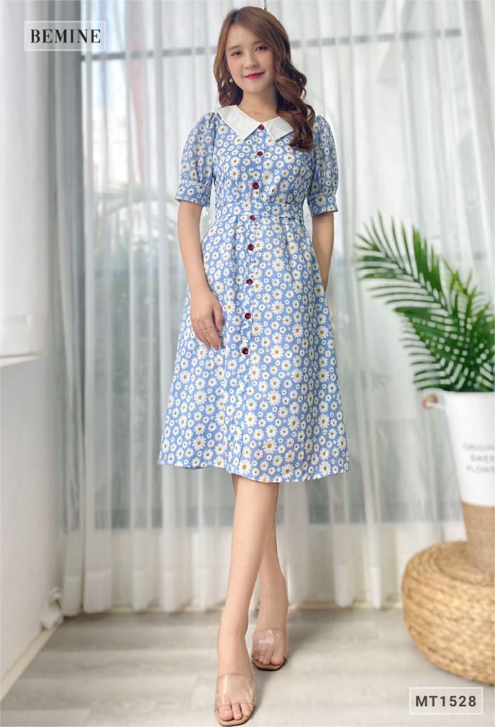 MT1528XANH - Đầm hoa cổ phối trắng nút dọc