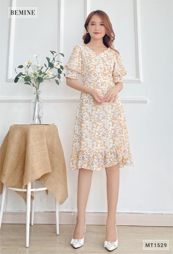MT1529CAM - Đầm bông nhí cổ tim ren đắp ngực
