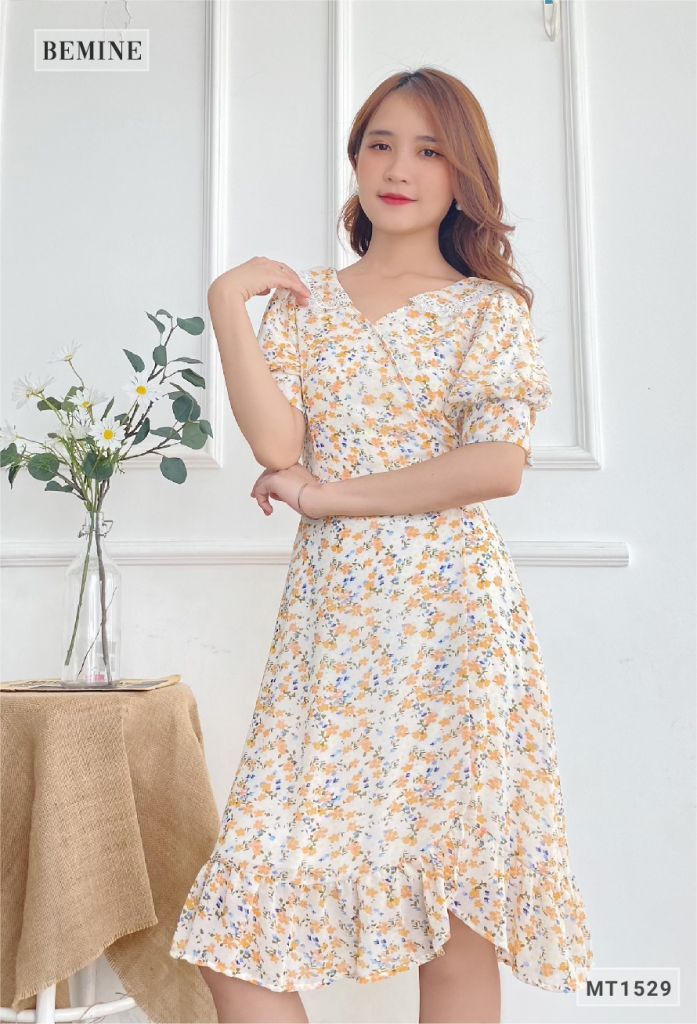 MT1529CAM - Đầm bông nhí cổ tim ren đắp ngực
