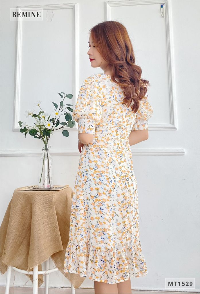 MT1529CAM - Đầm bông nhí cổ tim ren đắp ngực