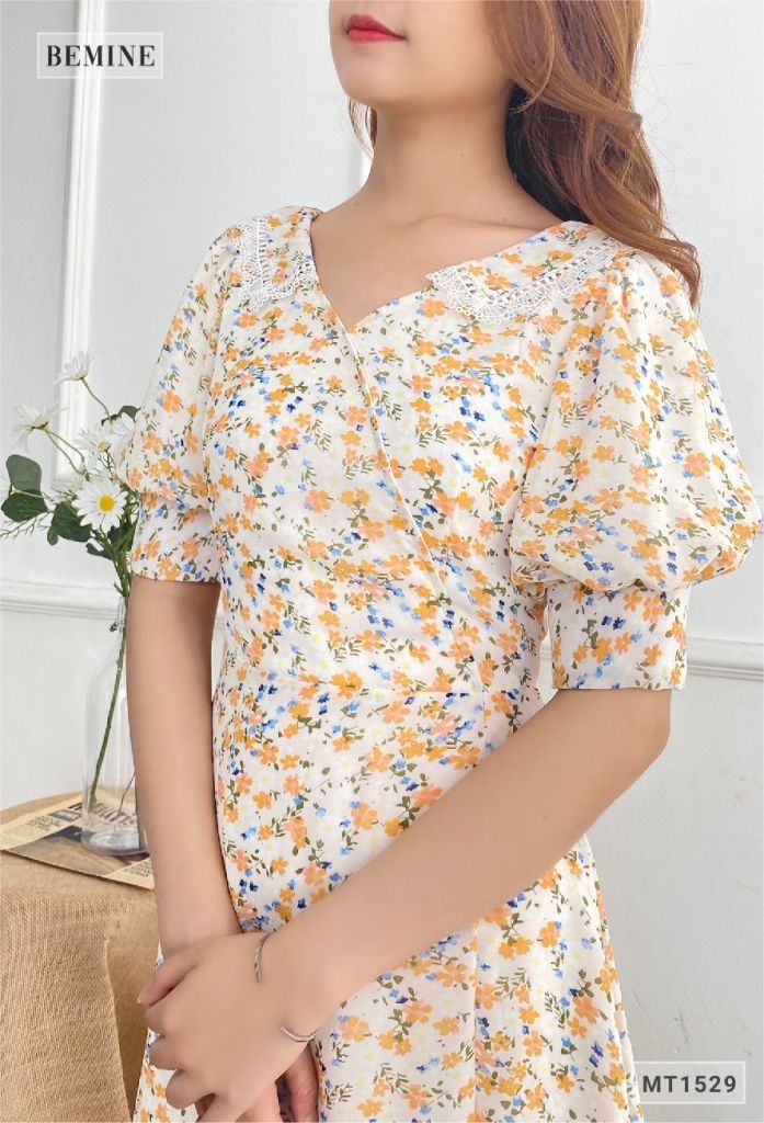 MT1529CAM - Đầm bông nhí cổ tim ren đắp ngực