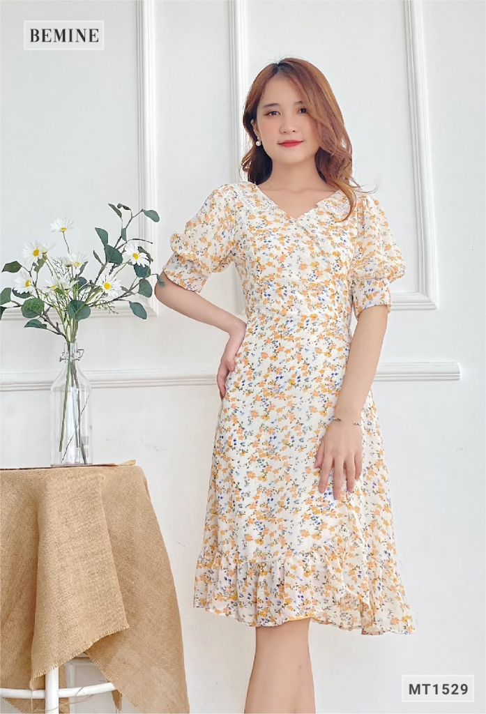 MT1529CAM - Đầm bông nhí cổ tim ren đắp ngực