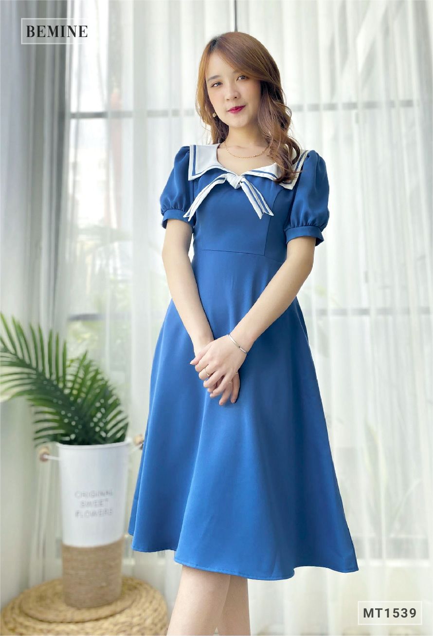 MT1539XANH - Đầm thủy thủ cổ phối trắng