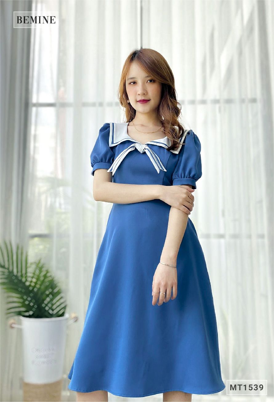 MT1539XANH - Đầm thủy thủ cổ phối trắng