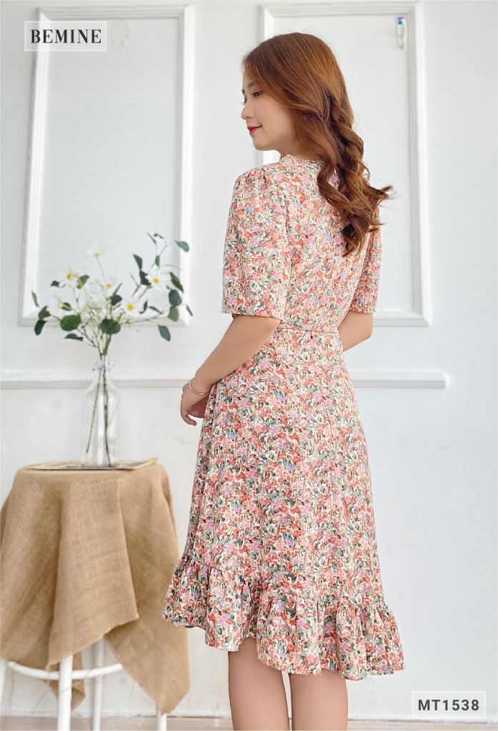 MT1538HONG - Đầm bông cổ đắp chéo dây eo