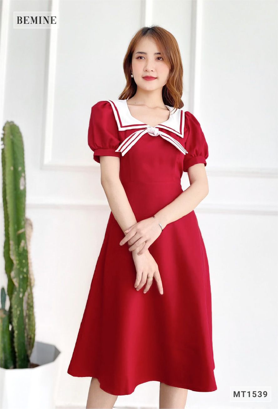 MT1539DO - Đầm thủy thủ cổ phối trắng