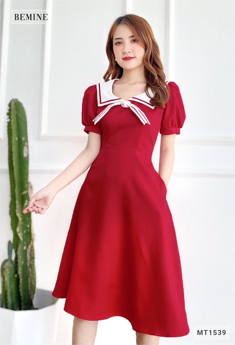 MT1539DO - Đầm thủy thủ cổ phối trắng