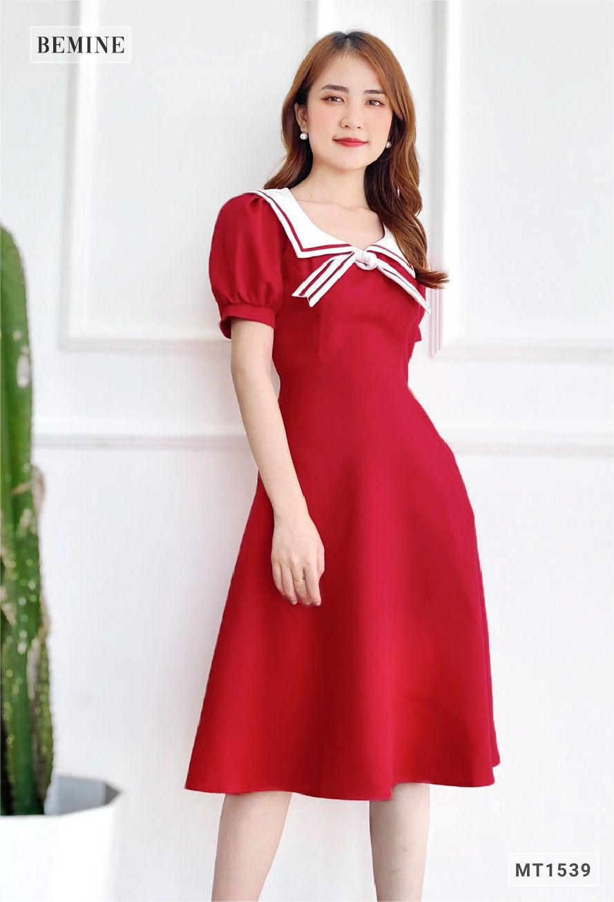MT1539DO - Đầm thủy thủ cổ phối trắng