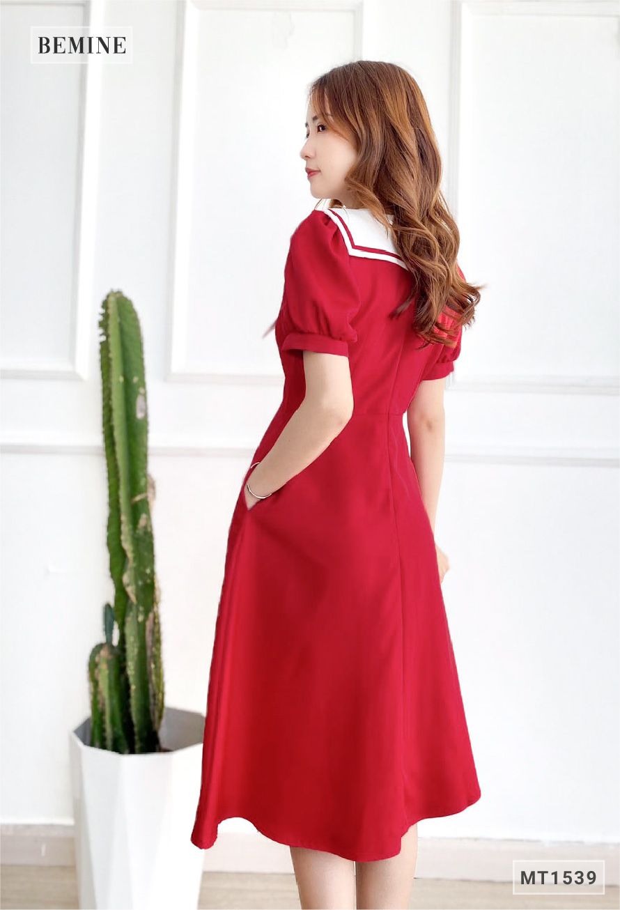 MT1539DO - Đầm thủy thủ cổ phối trắng