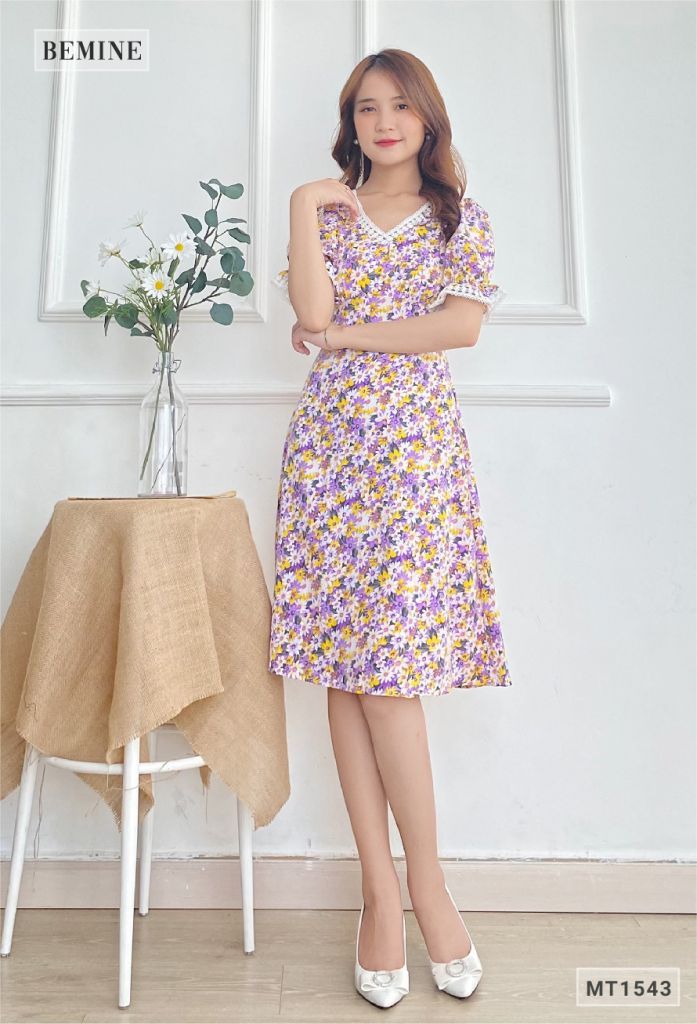 MT1543TIM - Đầm bông cúc cổ tim ren