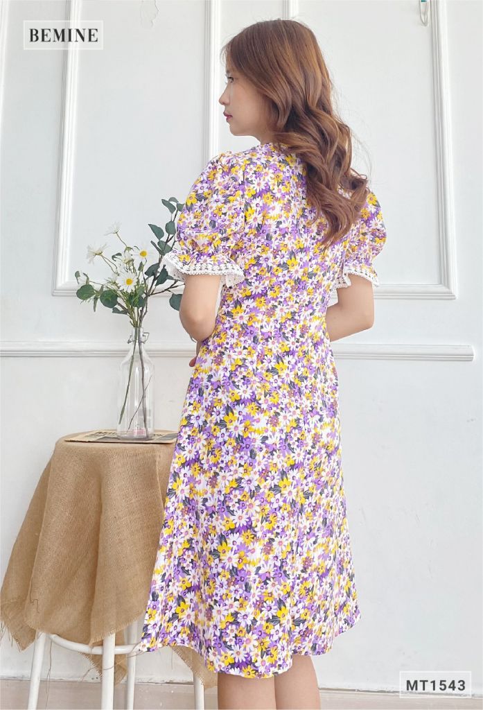 MT1543TIM - Đầm bông cúc cổ tim ren