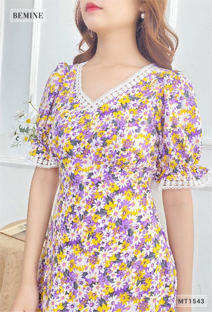 MT1543TIM - Đầm bông cúc cổ tim ren