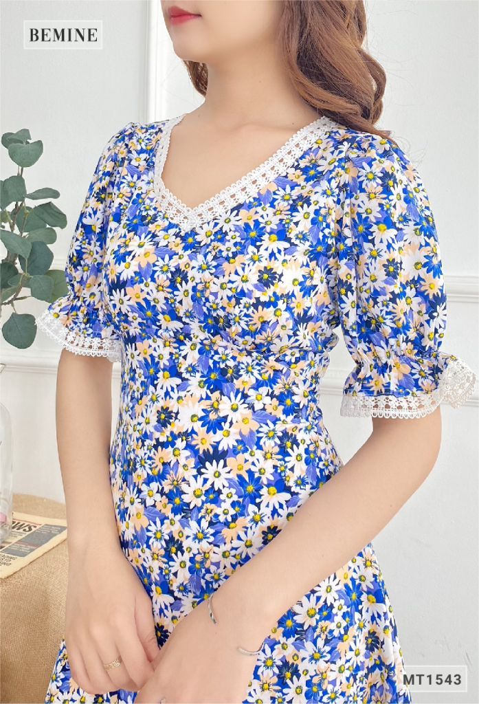MT1543XANH - Đầm bông cúc cổ tim ren