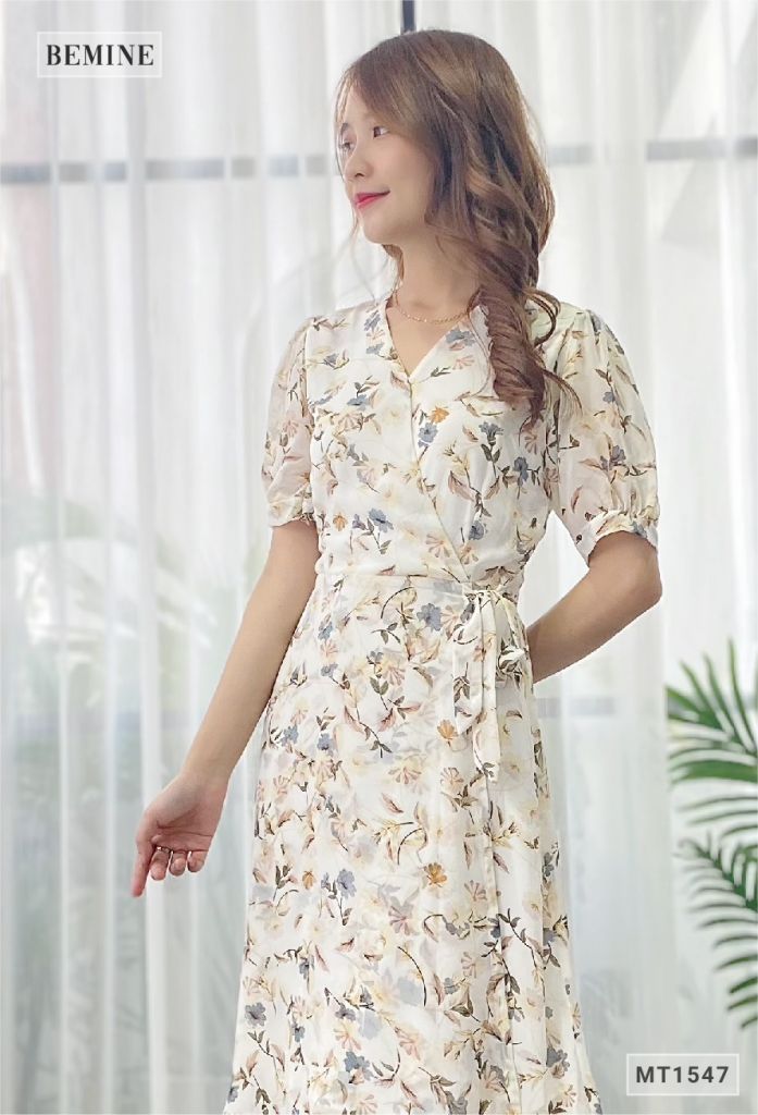 MT1547TRANG - Đầm thanh xuân hoa nơ eo