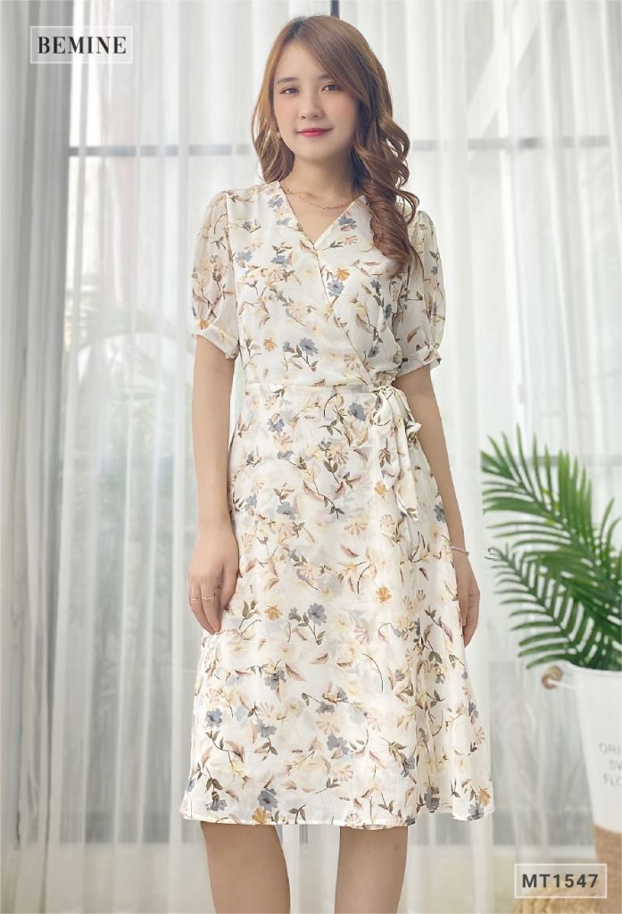 MT1547TRANG - Đầm thanh xuân hoa nơ eo