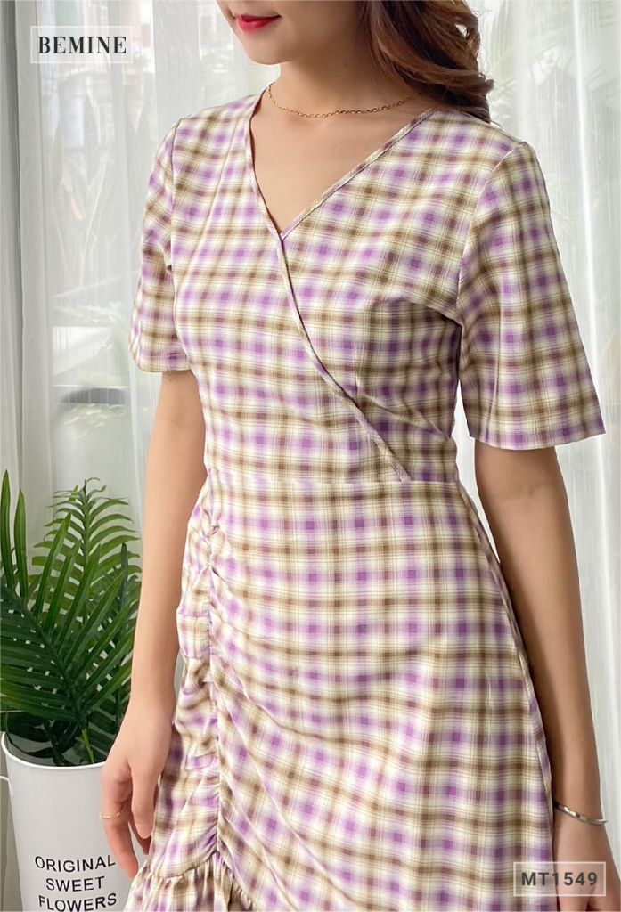 MT1549TIM - Đầm caro đuôi cá xếp ly