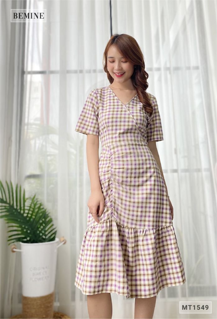 MT1549TIM - Đầm caro đuôi cá xếp ly