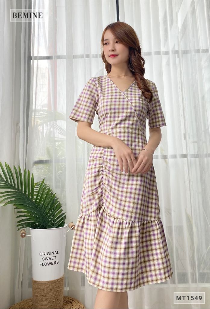 MT1549TIM - Đầm caro đuôi cá xếp ly