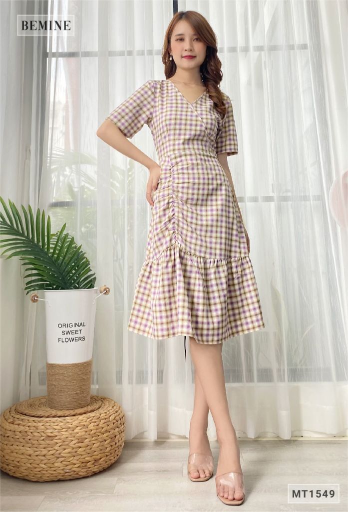 MT1549TIM - Đầm caro đuôi cá xếp ly