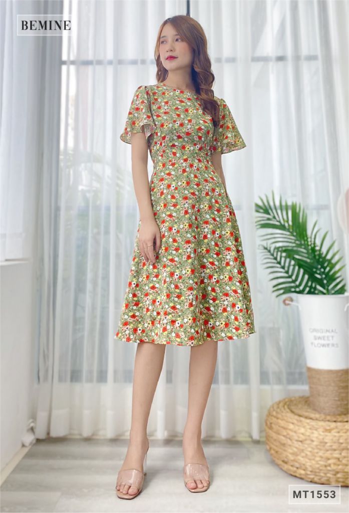 MT1553XANH - Đầm bông tay cánh dơi cổ tròn
