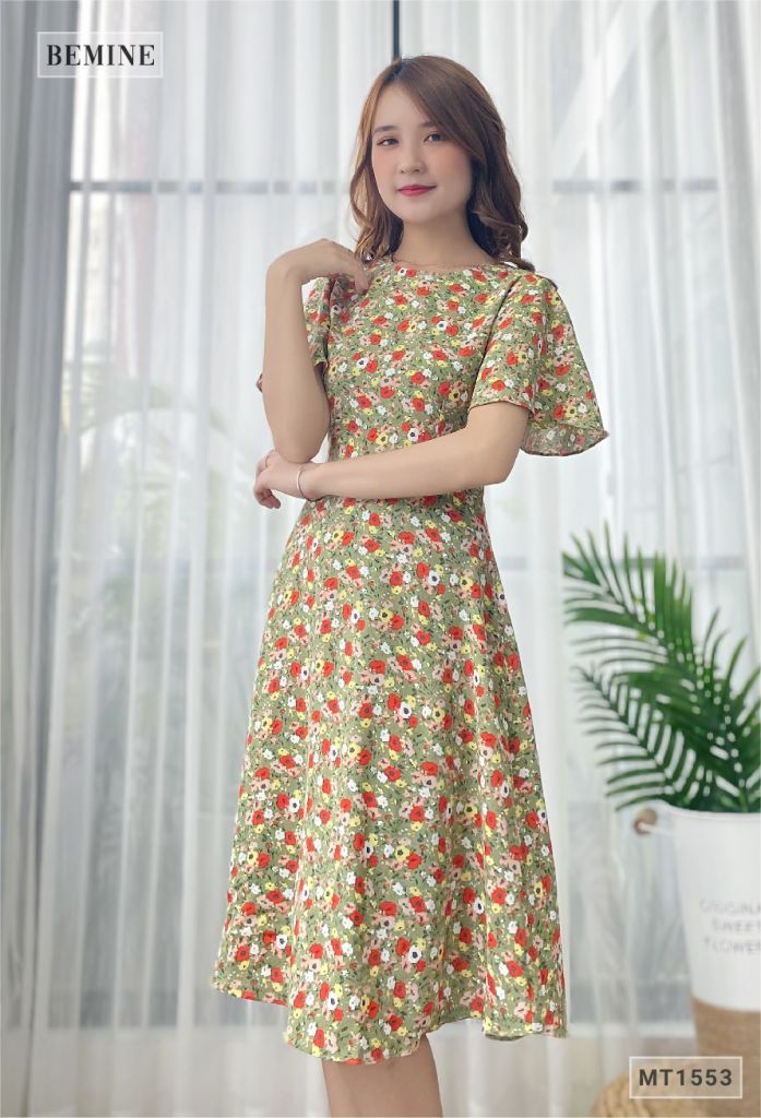 MT1553XANH - Đầm bông tay cánh dơi cổ tròn