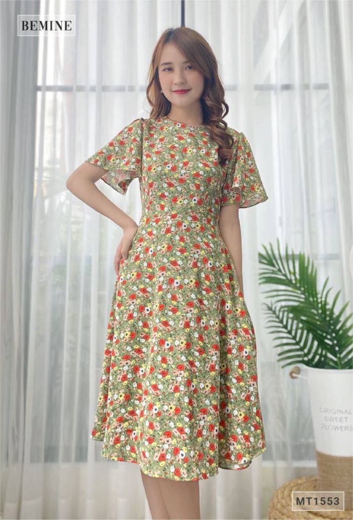 MT1553XANH - Đầm bông tay cánh dơi cổ tròn