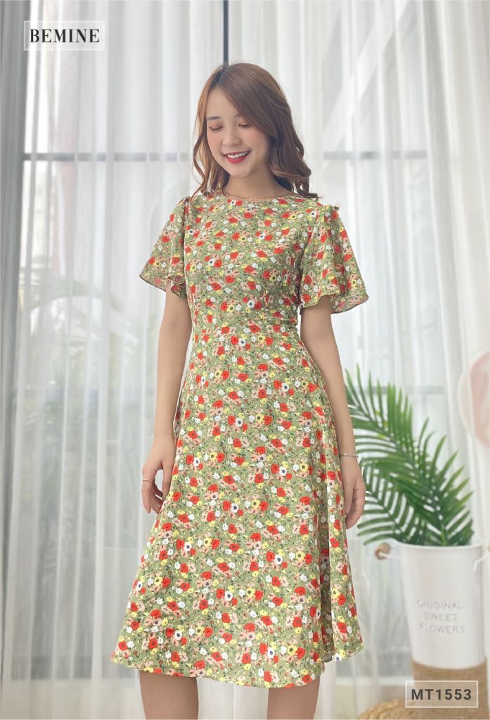 MT1553XANH - Đầm bông tay cánh dơi cổ tròn