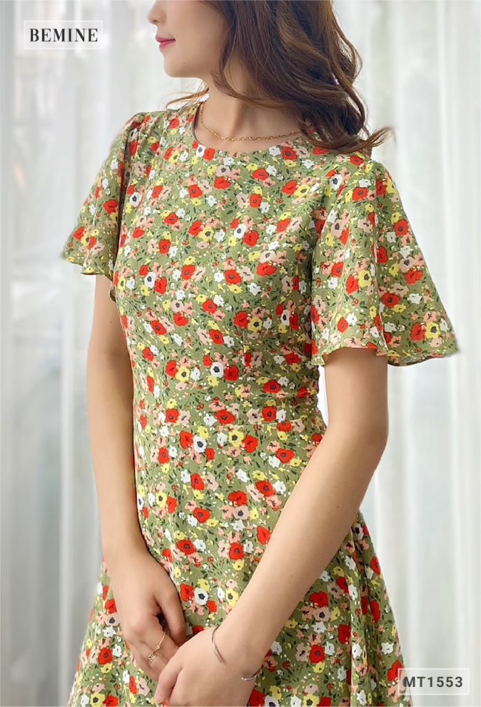 MT1553XANH - Đầm bông tay cánh dơi cổ tròn