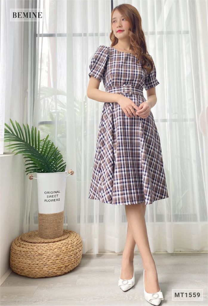 MT1559DEN - Đầm caro nịt dây