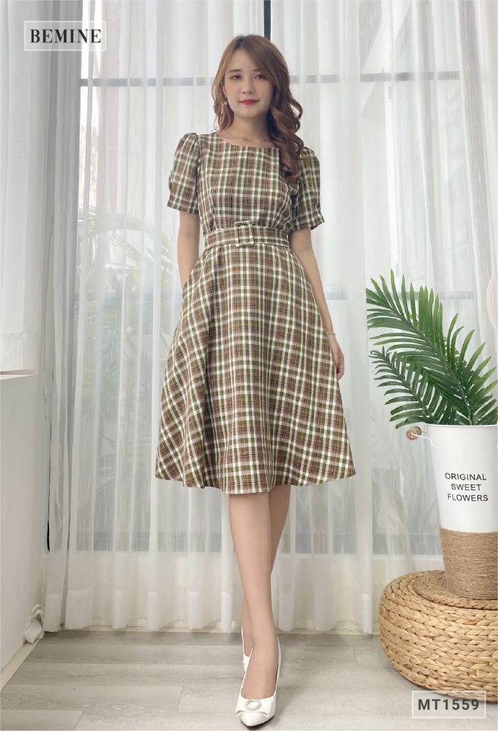 MT1559REU - Đầm caro nịt dây