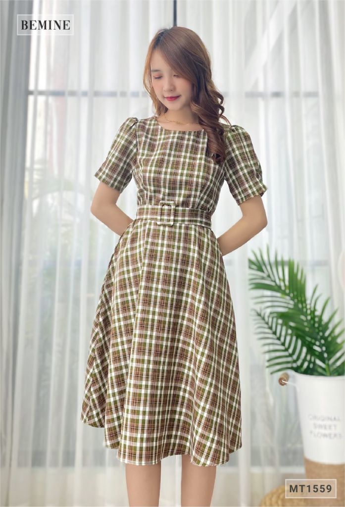 MT1559REU - Đầm caro nịt dây