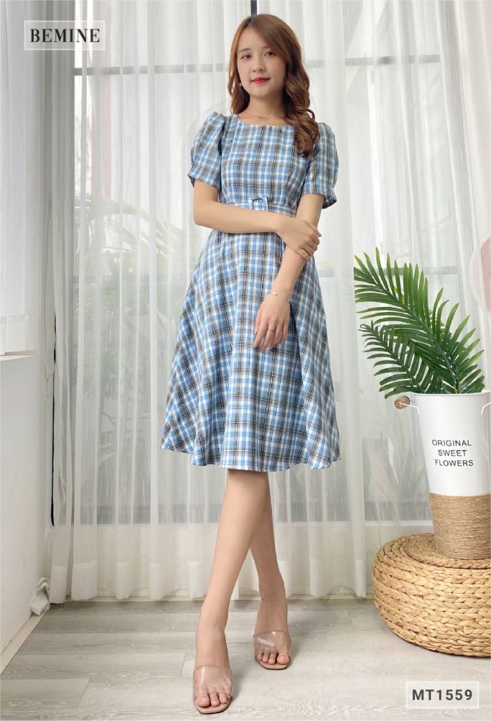 MT1559XANH - Đầm caro nịt dây