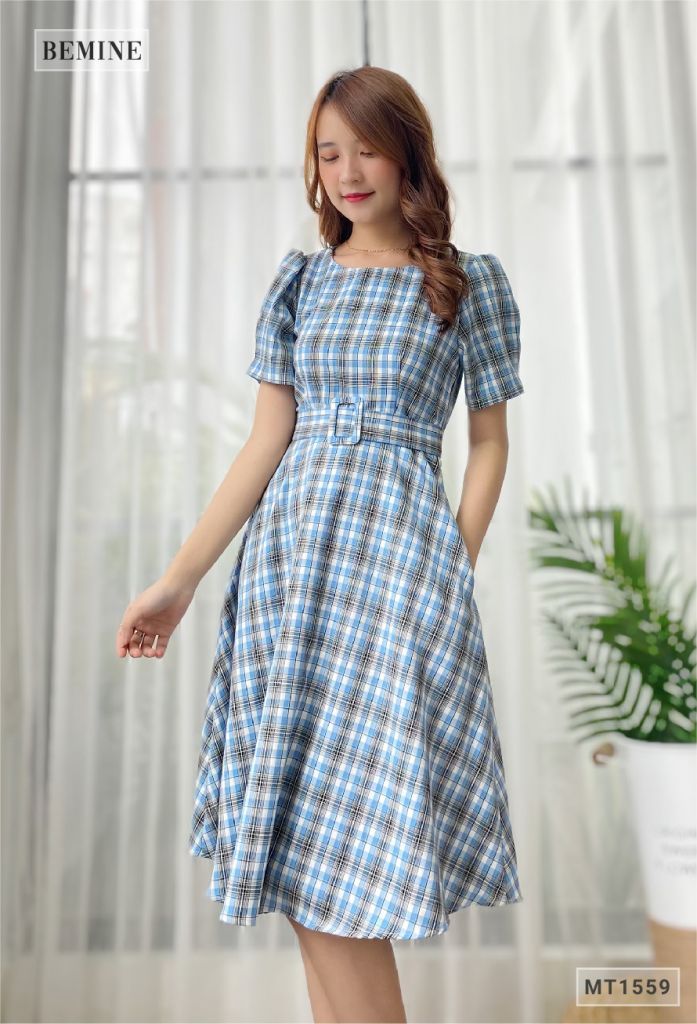 MT1559XANH - Đầm caro nịt dây