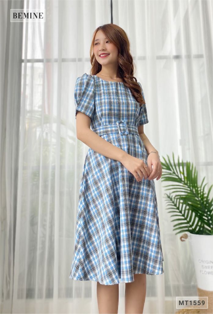 MT1559XANH - Đầm caro nịt dây