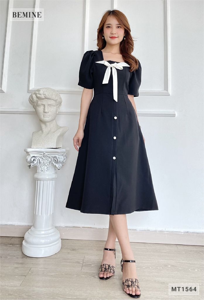 MT1564DEN - Đầm nhún vai nơ cổ