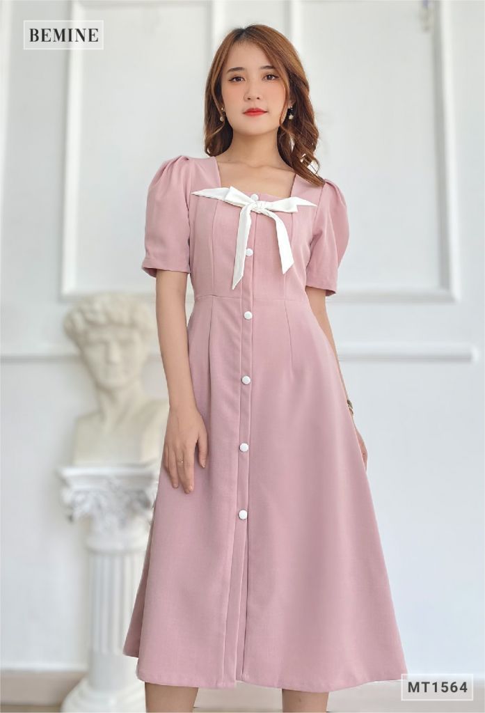 MT1564HONG - Đầm nhún vai nơ cổ