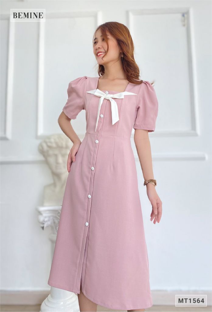 MT1564HONG - Đầm nhún vai nơ cổ