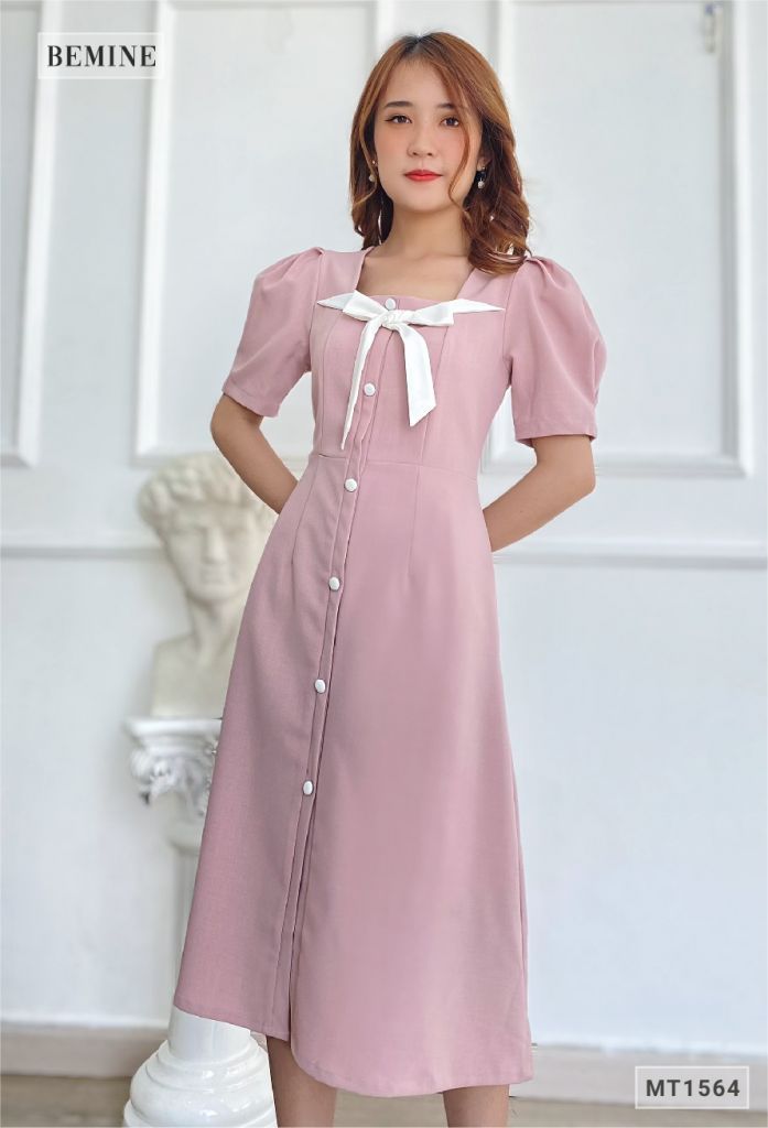 MT1564HONG - Đầm nhún vai nơ cổ