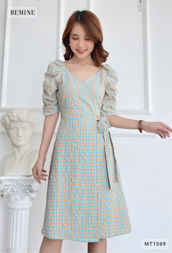 MT1569XANH - Đầm caro von dây eo